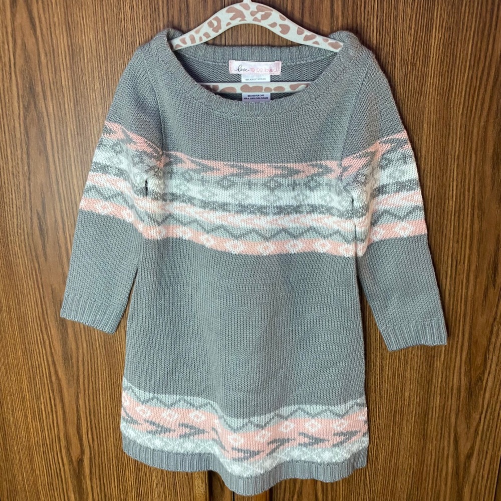 Love To Be Loved‎ Sweater Dress Girls 3T Grey Pink Fair Isle Knit Long Sleeve